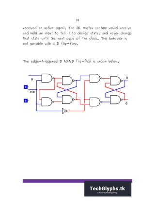 18
received an active signal. The JK master section would receive
and hold an input to tell it to change state, and never change
that state until the next cycle of the clock. This behavior is
not possible with a D flip-flop.
The edge-triggered D NAND flip-flop is shown below.
 
