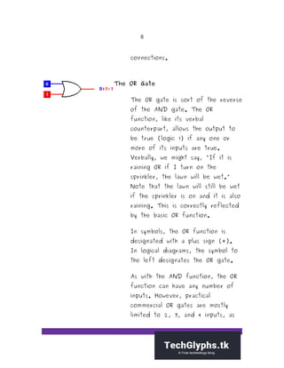 8
connections.
The OR Gate
The OR gate is sort of the reverse
of the AND gate. The OR
function, like its verbal
counterpart, allows the output to
be true (logic 1) if any one or
more of its inputs are true.
Verbally, we might say, "If it is
raining OR if I turn on the
sprinkler, the lawn will be wet."
Note that the lawn will still be wet
if the sprinkler is on and it is also
raining. This is correctly reflected
by the basic OR function.
In symbols, the OR function is
designated with a plus sign (+).
In logical diagrams, the symbol to
the left designates the OR gate.
As with the AND function, the OR
function can have any number of
inputs. However, practical
commercial OR gates are mostly
limited to 2, 3, and 4 inputs, as
 