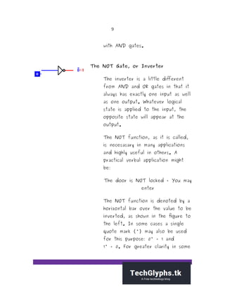 9
with AND gates.
The NOT Gate, or Inverter
The inverter is a little different
from AND and OR gates in that it
always has exactly one input as well
as one output. Whatever logical
state is applied to the input, the
opposite state will appear at the
output.
The NOT function, as it is called,
is necesasary in many applications
and highly useful in others. A
practical verbal application might
be:
The door is NOT locked = You may
enter
The NOT function is denoted by a
horizontal bar over the value to be
inverted, as shown in the figure to
the left. In some cases a single
quote mark (') may also be used
for this purpose: 0' = 1 and
1' = 0. For greater clarity in some
 