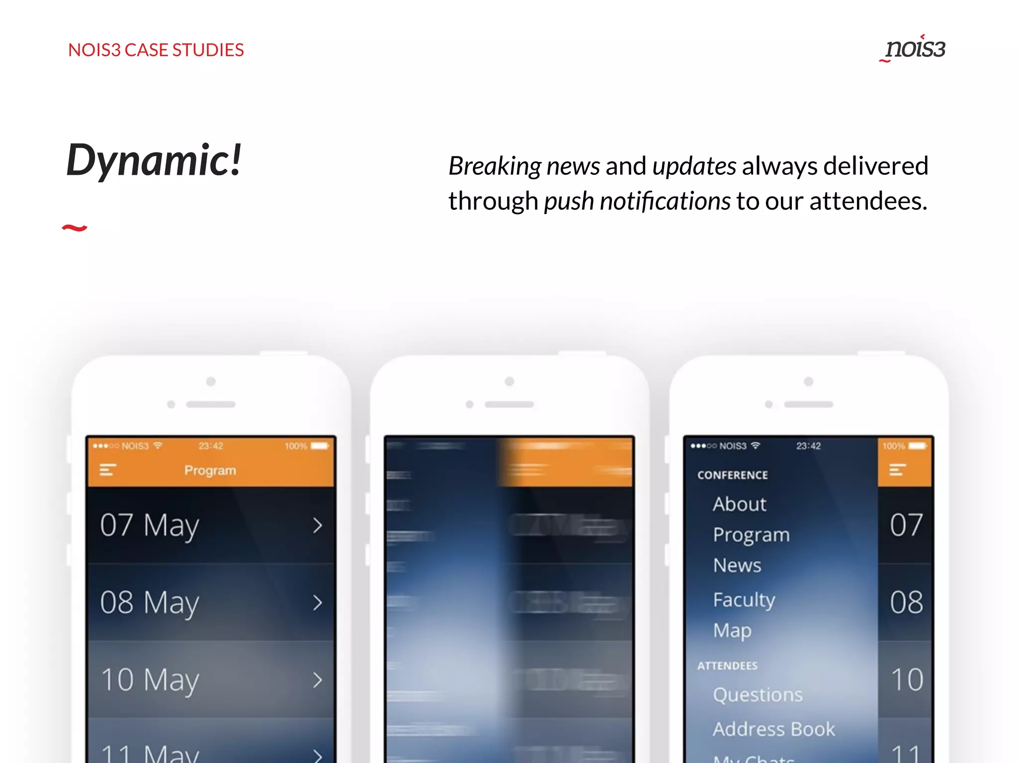NOIS3 CASE STUDIES
Breaking news and updates always delivered
through push notiﬁcations to our attendees.
Dynamic!
 