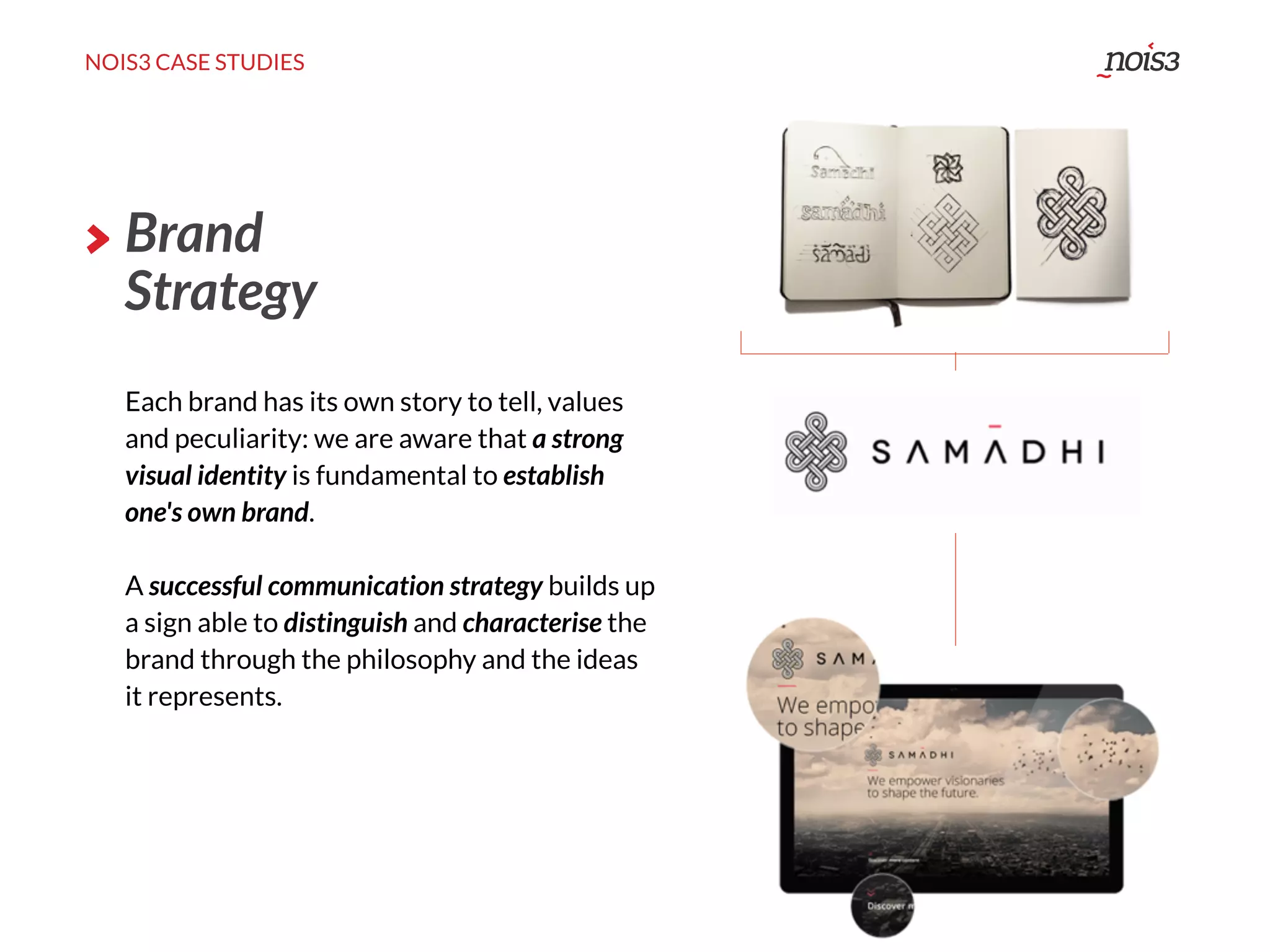 NOIS3 CASE STUDIES
Brand
Strategy
Each brand has its own story to tell, values
and peculiarity: we are aware that a strong
visual identity is fundamental to establish
one's own brand.
A successful communication strategy builds up
a sign able to distinguish and characterise the
brand through the philosophy and the ideas
it represents.
 