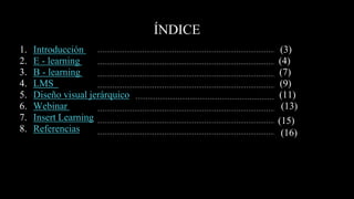 ÍNDICE
1. Introducción (3)
2. E - learning (4)
3. B - learning (7)
4. LMS (9)
5. Diseño visual jerárquico (11)
6. Webinar (13)
7. Insert Learning
8. Referencias
(15)
(16)
 