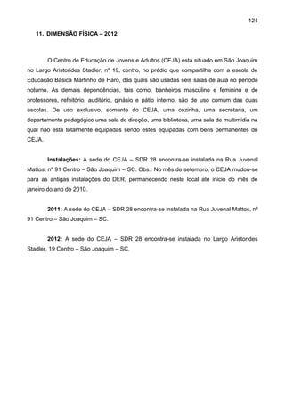 124
11. DIMENSÃO FÍSICA – 2012
O Centro de Educação de Jovens e Adultos (CEJA) está situado em São Joaquim
no Largo Aristorides Stadler, nº 19, centro, no prédio que compartilha com a escola de
Educação Básica Martinho de Haro, das quais são usadas seis salas de aula no período
noturno. As demais dependências, tais como, banheiros masculino e feminino e de
professores, refeitório, auditório, ginásio e pátio interno, são de uso comum das duas
escolas. De uso exclusivo, somente do CEJA, uma cozinha, uma secretaria, um
departamento pedagógico uma sala de direção, uma biblioteca, uma sala de multimídia na
qual não está totalmente equipadas sendo estes equipadas com bens permanentes do
CEJA.
Instalações: A sede do CEJA – SDR 28 encontra-se instalada na Rua Juvenal
Mattos, nº 91 Centro – São Joaquim – SC. Obs.: No mês de setembro, o CEJA mudou-se
para as antigas instalações do DER, permanecendo neste local até inicio do mês de
janeiro do ano de 2010.
2011: A sede do CEJA – SDR 28 encontra-se instalada na Rua Juvenal Mattos, nº
91 Centro – São Joaquim – SC.
2012: A sede do CEJA – SDR 28 encontra-se instalada no Largo Aristorides
Stadler, 19 Centro – São Joaquim – SC.
 