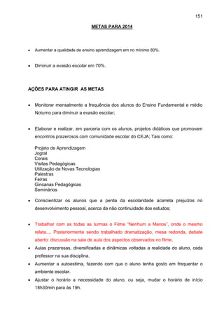 151
METAS PARA 2014
 Aumentar a qualidade de ensino aprendizagem em no mínimo 80%.
 Diminuir a evasão escolar em 70%.
AÇÕES PARA ATINGIR AS METAS
 Monitorar mensalmente a frequência dos alunos do Ensino Fundamental e médio
Noturno para diminuir a evasão escolar;
 Elaborar e realizar, em parceria com os alunos, projetos didáticos que promovam
encontros prazerosos com comunidade escolar do CEJA; Tais como:
Projeto de Aprendizagem
Jogral
Corais
Visitas Pedagógicas
Utilização de Novas Tecnologias
Palestras
Feiras
Gincanas Pedagógicas
Seminários
 Conscientizar os alunos que a perda da escolaridade acarreta prejuízos no
desenvolvimento pessoal, acerca da não continuidade dos estudos;
 Trabalhar com as todas as turmas o Filme “Nenhum a Menos”, onde o mesmo
relata.... Posteriormente sendo trabalhado dramatização, mesa redonda, debate
aberto: discussão na sala de aula dos aspectos observados no filme.
 Aulas prazerosas, diversificadas e dinâmicas voltadas a realidade do aluno, cada
professor na sua disciplina.
 Aumentar a autoestima, fazendo com que o aluno tenha gosto em frequentar o
ambiente escolar.
 Ajustar o horário a necessidade do aluno, ou seja, mudar o horário de início
18h30min para às 19h.
 