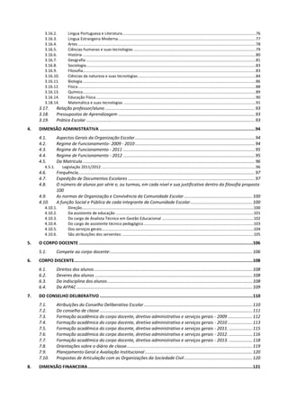 3.16.2. Língua Portuguesa e Literatura.........................................................................................................................76
3.16.3. Língua Estrangeira Moderna.............................................................................................................................77
3.16.4. Artes .................................................................................................................................................................78
3.16.5. Ciências humanas e suas tecnologias ...............................................................................................................79
3.16.6. História .............................................................................................................................................................80
3.16.7. Geografia ..........................................................................................................................................................81
3.16.8. Sociologia..........................................................................................................................................................83
3.16.9. Filosofia.............................................................................................................................................................83
3.16.10. Ciências da natureza e suas tecnologias...........................................................................................................84
3.16.11. Biologia.............................................................................................................................................................86
3.16.12. Física .................................................................................................................................................................88
3.16.13. Química.............................................................................................................................................................89
3.16.14. Educação Física.................................................................................................................................................90
3.18.14. Matemática e suas tecnologias ........................................................................................................................91
3.17. Relação professor/aluno...........................................................................................................................93
3.18. Pressupostos de Aprendizagem ................................................................................................................93
3.19. Prática Escolar ..........................................................................................................................................93
4. DIMENSÃO ADMINISTRATIVA ..........................................................................................................................94
4.1. Aspectos Gerais da Organização Escolar ..................................................................................................94
4.2. Regime de Funcionamento- 2009 - 2010 ..................................................................................................94
4.3. Regime de Funcionamento - 2011 ............................................................................................................95
4.4. Regime de Funcionamento - 2012 ............................................................................................................95
4.5. Da Matrícula .............................................................................................................................................96
4.5.1. Legislação 2011/2012 ............................................................................................................................................96
4.6. Frequência.................................................................................................................................................97
4.7. Expedição de Documentos Escolares ........................................................................................................97
4.8. O número de alunos por série e, ou turmas, em cada nível e sua justificativa dentro da filosofia proposta
100
4.9. As normas de Organização e Convivência da Comunidade Escolar........................................................100
4.10. A função Social e Pública de cada integrante da Comunidade Escolar...................................................100
4.10.1. Direção............................................................................................................................................................100
4.10.2. Da assistente de educação .............................................................................................................................101
4.10.3. Do cargo de Analista Técnico em Gestão Educacional ...................................................................................102
4.10.4. Do cargo de assistente técnico pedagógico....................................................................................................103
4.10.5. Dos serviços gerais:.........................................................................................................................................104
4.10.6. São atribuições dos serventes: .......................................................................................................................105
5. O CORPO DOCENTE ........................................................................................................................................106
5.1. Compete ao corpo docente:....................................................................................................................106
6. CORPO DISCENTE............................................................................................................................................108
6.1. Direitos dos alunos..................................................................................................................................108
6.2. Deveres dos alunos .................................................................................................................................108
6.3. Da indisciplina dos alunos.......................................................................................................................108
6.4. Da AFPAC ................................................................................................................................................109
7. DO CONSELHO DELIBERATIVO ........................................................................................................................110
7.1. Atribuições do Conselho Deliberativo Escolar.........................................................................................110
7.2. Do conselho de classe .............................................................................................................................111
7.3. Formação acadêmica do corpo docente, diretivo administrativo e serviços gerais - 2009 ....................112
7.4. Formação acadêmica do corpo docente, diretivo administrativo e serviços gerais - 2010 ....................113
7.5. Formação acadêmica do corpo docente, diretivo administrativo e serviços gerais - 2011. ...................115
7.6. Formação acadêmica do corpo docente, diretivo administrativo e serviços gerais - 2012. ...................116
7.7. Formação acadêmica do corpo docente, diretivo administrativo e serviços gerais - 2013. ...................118
7.8. Orientações sobre o diário de classe.......................................................................................................119
7.9. Planejamento Geral e Avaliação Institucional ........................................................................................120
7.10. Propostas de Articulação com as Organizações da Sociedade Civil........................................................120
8. DIMENSÃO FINANCEIRA .................................................................................................................................121
 