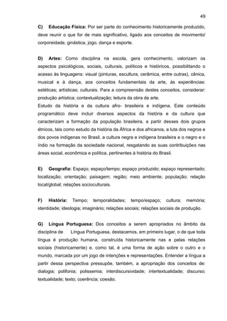 49
C) Educação Física: Por ser parte do conhecimento historicamente produzido,
deve reunir o que for de mais significativo, ligado aos conceitos de movimento/
corporeidade, ginástica, jogo, dança e esporte.
D) Artes: Como disciplina na escola, gera conhecimento, valorizam os
aspectos psicológicos, sociais, culturais, políticos e históricos, possibilitando o
acesso às linguagens: visual (pinturas, escultura, cerâmica, entre outras), cênica,
musical e à dança, aos conceitos fundamentais da arte, às experiências:
estéticas; artísticas; culturais. Para a compreensão destes conceitos, considerar:
produção artística; contextualização; leitura da obra de arte.
Estudo da história e da cultura afro- brasileira e indígena. Este conteúdo
programático deve incluir diversos aspectos da história e da cultura que
caracterizam a formação da população brasileira, a partir desses dois grupos
étnicos, tais como estudo da história da África e dos africanos, a luta dos negros e
dos povos indígenas no Brasil, a cultura negra e indígena brasileira e o negro e o
índio na formação da sociedade nacional, resgatando as suas contribuições nas
áreas social, econômica e política, pertinentes á história do Brasil.
E) Geografia: Espaço; espaço/tempo; espaço produzido; espaço representado;
localização; orientação; paisagem; região; meio ambiente; população; relação
local/global; relações socioculturais.
F) História: Tempo; temporalidades; tempo/espaço; cultura; memória;
identidade; ideologia; imaginário; relações sociais; relações sociais de produção.
G) Língua Portuguesa: Dos conceitos a serem apropriados no âmbito da
disciplina de Língua Portuguesa, destacamos, em primeiro lugar, o de que toda
língua é produção humana, construída historicamente nas e pelas relações
sociais (historicamente) e, como tal, é uma forma de ação sobre o outro e o
mundo, marcada por um jogo de intenções e representações. Entender a língua a
partir dessa perspectiva pressupõe, também, a apropriação dos conceitos de:
dialogia; polifonia; polissemia; interdiscursividade; intertextualidade; discurso;
textualidade; texto; coerência; coesão.
 