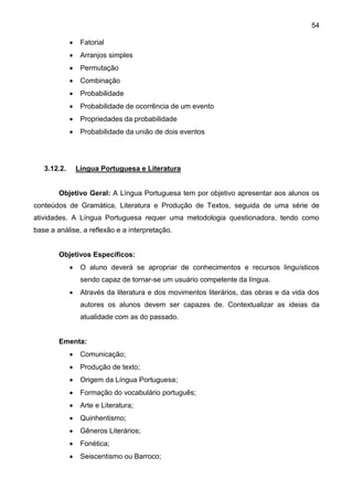 54
 Fatorial
 Arranjos simples
 Permutação
 Combinação
 Probabilidade
 Probabilidade de ocorrência de um evento
 Propriedades da probabilidade
 Probabilidade da união de dois eventos
3.12.2. Língua Portuguesa e Literatura
Objetivo Geral: A Língua Portuguesa tem por objetivo apresentar aos alunos os
conteúdos de Gramática, Literatura e Produção de Textos, seguida de uma série de
atividades. A Língua Portuguesa requer uma metodologia questionadora, tendo como
base a análise, a reflexão e a interpretação.
Objetivos Específicos:
 O aluno deverá se apropriar de conhecimentos e recursos linguísticos
sendo capaz de tornar-se um usuário competente da língua.
 Através da literatura e dos movimentos literários, das obras e da vida dos
autores os alunos devem ser capazes de. Contextualizar as ideias da
atualidade com as do passado.
Ementa:
 Comunicação;
 Produção de texto;
 Origem da Língua Portuguesa;
 Formação do vocabulário português;
 Arte e Literatura;
 Quinhentismo;
 Gêneros Literários;
 Fonética;
 Seiscentismo ou Barroco;
 