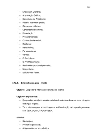 55
 Linguagem Literária;
 Acentuação Gráfica;
 Setentismo ou Arcadismo;
 Poesia, poemas e prosa;
 Classes de palavras;
 Concordância nominal;
 Dissertação;
 Prosa romântica;
 Concordância verbal;
 Realismo;
 Naturalismo;
 Parnasianismo;
 Verbos;
 O Simbolismo;
 O Pré-Modernismo;
 Revisão de pronomes pessoais;
 Modernismo;
 Estrutura de frases.
3.12.3. Língua Estrangeira – Inglês
Objetivo: Despertar o interesse do aluno pelo idioma.
Objetivos específicos:
 Desenvolver no aluno as principais habilidades que levam a aprendizagem
da Língua Inglesa.
 Ter o interesse pela aprendizagem e a alfabetização na Língua Inglesa que
são: VER, OUVIR, FALAR e LER.
Ementa:
 Saudações;
 Pronomes pessoais;
 Artigos definidos e indefinidos;
 