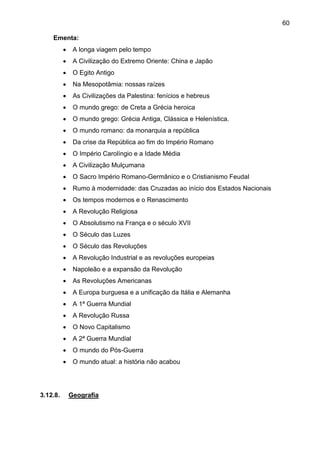 60
Ementa:
 A longa viagem pelo tempo
 A Civilização do Extremo Oriente: China e Japão
 O Egito Antigo
 Na Mesopotâmia: nossas raízes
 As Civilizações da Palestina: fenícios e hebreus
 O mundo grego: de Creta a Grécia heroica
 O mundo grego: Grécia Antiga, Clássica e Helenística.
 O mundo romano: da monarquia a república
 Da crise da República ao fim do Império Romano
 O Império Carolíngio e a Idade Média
 A Civilização Mulçumana
 O Sacro Império Romano-Germânico e o Cristianismo Feudal
 Rumo à modernidade: das Cruzadas ao início dos Estados Nacionais
 Os tempos modernos e o Renascimento
 A Revolução Religiosa
 O Absolutismo na França e o século XVII
 O Século das Luzes
 O Século das Revoluções
 A Revolução Industrial e as revoluções europeias
 Napoleão e a expansão da Revolução
 As Revoluções Americanas
 A Europa burguesa e a unificação da Itália e Alemanha
 A 1ª Guerra Mundial
 A Revolução Russa
 O Novo Capitalismo
 A 2ª Guerra Mundial
 O mundo do Pós-Guerra
 O mundo atual: a história não acabou
3.12.8. Geografia
 