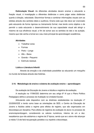 69
Estimulação Visual: As diferentes atividades devem ensinar o educando a
fixação visual, á investigação a diferentes distâncias e como julgar estas distâncias
quanto á direção, velocidade. Discriminar formas e combinar informações visuais com as
obtidas através dos sentidos táteis e auditivos. Ensino este que não deve ser vivenciado
pelo educando de forma rigorosa ou treinamento formal, mas tendo como objetivo o de
permitir a cada educando o desenvolvimento da sua capacidade visual até atingir o
máximo de sua eficiência visual, a fim de somar aos os sentidos do tato e da audição,
mesmo que não venha a tornar-se o seu meio principal de aprendizagem acadêmica.
Atividades
 Trabalhar cores
 Formas
 Perto – Longe
 Alto – Baixo
 Grande – Pequeno
 Estímulo residual.
Lúdico e Literatura Infantil:
Através da emoção e da criatividade possibilitar ao educando um mergulho
no mundo da fantasia através das histórias.
3.14. Metodologia de ensino e sistema de avaliação ensino – aprendizagem
Da avaliação da Educação de Jovens e Adultos e registros de avaliação.
A resolução na 17/99/CEE determina em seu artigo 6º III que o Plano Político
Pedagógico defina o processo de Avaliação na Unidade Escolar.
Articulando este dispositivo com as diretrizes estabelecidas na resolução nº
23/2000/CEE e tendo como base as orientações da SED, o Centro de Educação de
Jovens e Adultos adota o regime para efeitos de registro, que são organizados em
bloco/etapa por disciplina. Para efeitos de registros de avaliação do aluno no processo de
ensino/aprendizagem, considerando os valores numéricos, inteiros de um a dez.
ressaltamos que não adotamos o regime de 2ª época, sendo que se o aluno não alcançar
a média 7,0 ele fará recuperação paralela e ou repetirá o bloco/etapa.
 