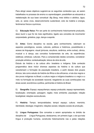 72
Para atingir esses objetivos sugerem-se os seguintes conteúdos que, ao serem
trabalhados no processo de ensino e a aprendizagem, possibilitam ao educando a
reelaboração de sua base conceitual: Big Bang, meio biótico e abiótico, água,
solo, ar, seres vivos, desenvolvimento sustentável, ciclo da matéria e energia,
fenômenos físicos e químicos.
C) Educação física: Por ser parte do conhecimento historicamente produzido,
deve reunir o que for de mais significativo, ligado aos conceitos de movimento/
corporeidade, ginástica, jogo, dança e esporte.
D) Artes: Como disciplina na escola, gera conhecimento, valorizam os
aspectos psicológicos, sociais, culturais, políticos e históricos, possibilitando o
acesso às linguagens: visual (pinturas, escultura, cerâmica, entre outras), cênica,
musical e à dança, aos conceitos fundamentais da arte, às experiências:
estéticas; artísticas; culturais. Para a compreensão destes conceitos, considerar:
produção artística; contextualização; leitura da obra de arte.
Estudo da história e da cultura afro- brasileira e indígena. Este conteúdo
programático deve incluir diversos aspectos da história e da cultura que
caracterizam a formação da população brasileira, a partir desses dois grupos
étnicos, tais como estudo da história da África e dos africanos, a luta dos negros e
dos povos indígenas no Brasil, a cultura negra e indígena brasileira e o negro e o
índio na formação da sociedade nacional, resgatando as suas contribuições nas
áreas social, econômica e política, pertinentes á história do Brasil.
E) Geografia: Espaço; espaço/tempo; espaço produzido; espaço representado;
localização; orientação; paisagem; região; meio ambiente; população; relação
local/global; relações socioculturais.
F) História: Tempo; temporalidades; tempo/ espaço; cultura; memória;
identidade; ideologia; imaginário; relações sociais; relações sociais de produção.
G) Língua Portuguesa: Dos conceitos a serem apropriados no âmbito da
disciplina de Língua Portuguesa, destacamos, em primeiro lugar, o de que toda
língua é produção humana, construída historicamente nas e pelas relações
 