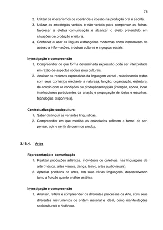 78
2. Utilizar os mecanismos de coerência e coesão na produção oral e escrita.
3. Utilizar as estratégias verbais e não verbais para compensar as falhas,
favorecer a efetiva comunicação e alcançar o efeito pretendido em
situações de produção e leitura.
4. Conhecer e usar as línguas estrangeiras modernas como instrumento de
acesso a informações, a outras culturas e a grupos sociais.
Investigação e compreensão
1. Compreender de que forma determinada expressão pode ser interpretada
em razão de aspectos sociais e/ou culturais.
2. Analisar os recursos expressivos da linguagem verbal , relacionando textos
com seus contextos mediante a natureza, função, organização, estrutura,
de acordo com as condições de produção/recepção (intenção, época, local,
interlocutores participantes da criação e propagação de ideias e escolhas,
tecnologias disponíveis).
Contextualização sociocultural
1. Saber distinguir as variantes linguísticas.
2. Compreender em que medida os enunciados refletem a forma de ser,
pensar, agir e sentir de quem os produz.
3.16.4. Artes
Representação e comunicação
1. Realizar produções artísticas, individuais ou coletivas, nas linguagens da
arte (música, artes visuais, dança, teatro, artes audiovisuais).
2. Apreciar produtos de artes, em suas várias linguagens, desenvolvendo
tanto a fruição quanto análise estética.
Investigação e compreensão
1. Analisar, refletir e compreender os diferentes processos da Arte, com seus
diferentes instrumentos de ordem material e ideal, como manifestações
socioculturais e históricas.
 