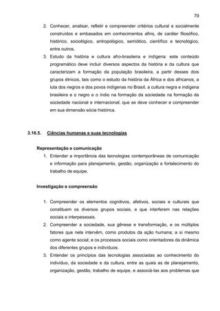 79
2. Conhecer, analisar, refletir e compreender critérios cultural e socialmente
construídos e embasados em conhecimentos afins, de caráter filosófico,
histórico, sociológico, antropológico, semiótico, científico e tecnológico,
entre outros.
3. Estudo da história e cultura afro-brasileira e indígena: este conteúdo
programático deve incluir diversos aspectos da história e da cultura que
caracterizam a formação da população brasileira, a partir desses dois
grupos étnicos, tais como o estudo da história da África e dos africanos, a
luta dos negros e dos povos indígenas no Brasil, a cultura negra e indígena
brasileira e o negro e o índio na formação da sociedade na formação da
sociedade nacional e internacional, que se deve conhecer e compreender
em sua dimensão sócia histórica.
3.16.5. Ciências humanas e suas tecnologias
Representação e comunicação
1. Entender a importância das tecnologias contemporâneas de comunicação
e informação para planejamento, gestão, organização e fortalecimento do
trabalho de equipe.
Investigação e compreensão
1. Compreender os elementos cognitivos, afetivos, sociais e culturais que
constituem os diversos grupos sociais, e que interferem nas relações
sociais e interpessoais.
2. Compreender a sociedade, sua gênese e transformação, e os múltiplos
fatores que nela intervêm, como produtos da ação humana; a si mesmo
como agente social; e os processos sociais como orientadores da dinâmica
dos diferentes grupos e indivíduos.
3. Entender os princípios das tecnologias associadas ao conhecimento do
indivíduo, da sociedade e da cultura, entre as quais as de planejamento,
organização, gestão, trabalho de equipe, e associá-las aos problemas que
 