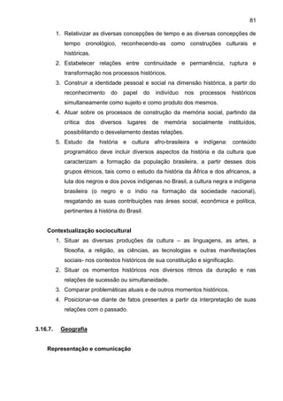 81
1. Relativizar as diversas concepções de tempo e as diversas concepções de
tempo cronológico, reconhecendo-as como construções culturais e
históricas.
2. Estabelecer relações entre continuidade e permanência, ruptura e
transformação nos processos históricos.
3. Construir a identidade pessoal e social na dimensão histórica, a partir do
reconhecimento do papel do indivíduo nos processos históricos
simultaneamente como sujeito e como produto dos mesmos.
4. Atuar sobre os processos de construção da memória social, partindo da
crítica dos diversos lugares de memória socialmente instituídos,
possibilitando o desvelamento destas relações.
5. Estudo da história e cultura afro-brasileira e indígena: conteúdo
programático deve incluir diversos aspectos da história e da cultura que
caracterizam a formação da população brasileira, a partir desses dois
grupos étnicos, tais como o estudo da história da África e dos africanos, a
luta dos negros e dos povos indígenas no Brasil, a cultura negra e indígena
brasileira (o negro e o índio na formação da sociedade nacional),
resgatando as suas contribuições nas áreas social, econômica e política,
pertinentes á história do Brasil.
Contextualização sociocultural
1. Situar as diversas produções da cultura – as linguagens, as artes, a
filosofia, a religião, as ciências, as tecnologias e outras manifestações
sociais- nos contextos históricos de sua constituição e significação.
2. Situar os momentos históricos nos diversos ritmos da duração e nas
relações de sucessão ou simultaneidade.
3. Comparar problemáticas atuais e de outros momentos históricos.
4. Posicionar-se diante de fatos presentes a partir da interpretação de suas
relações com o passado.
3.16.7. Geografia
Representação e comunicação
 