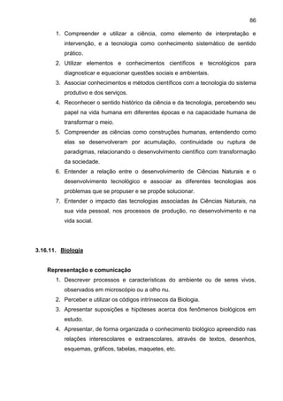 86
1. Compreender e utilizar a ciência, como elemento de interpretação e
intervenção, e a tecnologia como conhecimento sistemático de sentido
prático.
2. Utilizar elementos e conhecimentos científicos e tecnológicos para
diagnosticar e equacionar questões sociais e ambientais.
3. Associar conhecimentos e métodos científicos com a tecnologia do sistema
produtivo e dos serviços.
4. Reconhecer o sentido histórico da ciência e da tecnologia, percebendo seu
papel na vida humana em diferentes épocas e na capacidade humana de
transformar o meio.
5. Compreender as ciências como construções humanas, entendendo como
elas se desenvolveram por acumulação, continuidade ou ruptura de
paradigmas, relacionando o desenvolvimento científico com transformação
da sociedade.
6. Entender a relação entre o desenvolvimento de Ciências Naturais e o
desenvolvimento tecnológico e associar as diferentes tecnologias aos
problemas que se propuser e se propõe solucionar.
7. Entender o impacto das tecnologias associadas às Ciências Naturais, na
sua vida pessoal, nos processos de produção, no desenvolvimento e na
vida social.
3.16.11. Biologia
Representação e comunicação
1. Descrever processos e características do ambiente ou de seres vivos,
observados em microscópio ou a olho nu.
2. Perceber e utilizar os códigos intrínsecos da Biologia.
3. Apresentar suposições e hipóteses acerca dos fenômenos biológicos em
estudo.
4. Apresentar, de forma organizada o conhecimento biológico apreendido nas
relações interescolares e extraescolares, através de textos, desenhos,
esquemas, gráficos, tabelas, maquetes, etc.
 