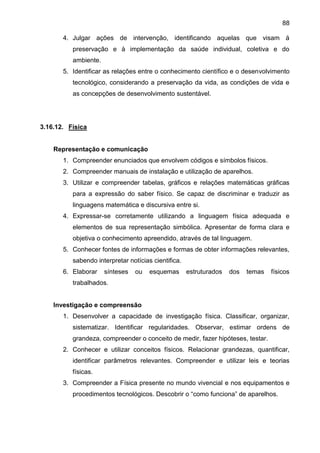 88
4. Julgar ações de intervenção, identificando aquelas que visam á
preservação e à implementação da saúde individual, coletiva e do
ambiente.
5. Identificar as relações entre o conhecimento científico e o desenvolvimento
tecnológico, considerando a preservação da vida, as condições de vida e
as concepções de desenvolvimento sustentável.
3.16.12. Física
Representação e comunicação
1. Compreender enunciados que envolvem códigos e símbolos físicos.
2. Compreender manuais de instalação e utilização de aparelhos.
3. Utilizar e compreender tabelas, gráficos e relações matemáticas gráficas
para a expressão do saber físico. Se capaz de discriminar e traduzir as
linguagens matemática e discursiva entre si.
4. Expressar-se corretamente utilizando a linguagem física adequada e
elementos de sua representação simbólica. Apresentar de forma clara e
objetiva o conhecimento apreendido, através de tal linguagem.
5. Conhecer fontes de informações e formas de obter informações relevantes,
sabendo interpretar notícias cientifica.
6. Elaborar sínteses ou esquemas estruturados dos temas físicos
trabalhados.
Investigação e compreensão
1. Desenvolver a capacidade de investigação física. Classificar, organizar,
sistematizar. Identificar regularidades. Observar, estimar ordens de
grandeza, compreender o conceito de medir, fazer hipóteses, testar.
2. Conhecer e utilizar conceitos físicos. Relacionar grandezas, quantificar,
identificar parâmetros relevantes. Compreender e utilizar leis e teorias
físicas.
3. Compreender a Física presente no mundo vivencial e nos equipamentos e
procedimentos tecnológicos. Descobrir o “como funciona” de aparelhos.
 
