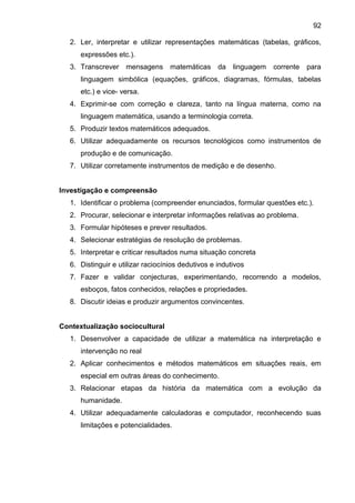 92
2. Ler, interpretar e utilizar representações matemáticas (tabelas, gráficos,
expressões etc.).
3. Transcrever mensagens matemáticas da linguagem corrente para
linguagem simbólica (equações, gráficos, diagramas, fórmulas, tabelas
etc.) e vice- versa.
4. Exprimir-se com correção e clareza, tanto na língua materna, como na
linguagem matemática, usando a terminologia correta.
5. Produzir textos matemáticos adequados.
6. Utilizar adequadamente os recursos tecnológicos como instrumentos de
produção e de comunicação.
7. Utilizar corretamente instrumentos de medição e de desenho.
Investigação e compreensão
1. Identificar o problema (compreender enunciados, formular questões etc.).
2. Procurar, selecionar e interpretar informações relativas ao problema.
3. Formular hipóteses e prever resultados.
4. Selecionar estratégias de resolução de problemas.
5. Interpretar e criticar resultados numa situação concreta
6. Distinguir e utilizar raciocínios dedutivos e indutivos
7. Fazer e validar conjecturas, experimentando, recorrendo a modelos,
esboços, fatos conhecidos, relações e propriedades.
8. Discutir ideias e produzir argumentos convincentes.
Contextualização sociocultural
1. Desenvolver a capacidade de utilizar a matemática na interpretação e
intervenção no real
2. Aplicar conhecimentos e métodos matemáticos em situações reais, em
especial em outras áreas do conhecimento.
3. Relacionar etapas da história da matemática com a evolução da
humanidade.
4. Utilizar adequadamente calculadoras e computador, reconhecendo suas
limitações e potencialidades.
 
