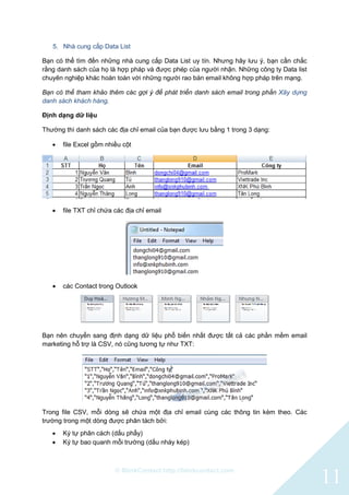 © BlinkContact http://blinkcontact.com
11
5. Nhà cung cấp Data List
Bạn có thể tìm đến những nhà cung cấp Data List uy tín. Nhưng hãy lưu ý, bạn cần chắc
rằng danh sách của họ là hợp pháp và được phép của người nhận. Những công ty Data list
chuyên nghiệp khác hoàn toàn với những người rao bán email không hợp pháp trên mạng.
Bạn có thể tham khảo thêm các gợi ý để phát triển danh sách email trong phần Xây dựng
danh sách khách hàng.
Định dạng dữ liệu
Thường thì danh sách các địa chỉ email của bạn được lưu bằng 1 trong 3 dạng:
 file Excel gồm nhiều cột
 file TXT chỉ chứa các địa chỉ email
 các Contact trong Outlook
Bạn nên chuyển sang định dạng dữ liệu phổ biến nhất được tất cả các phần mềm email
marketing hỗ trợ là CSV, nó cũng tương tự như TXT:
Trong file CSV, mỗi dòng sẽ chứa một địa chỉ email cùng các thông tin kèm theo. Các
trường trong một dòng được phân tách bởi:
 Ký tự phân cách (dấu phẩy)
 Ký tự bao quanh mỗi trường (dấu nháy kép)
 