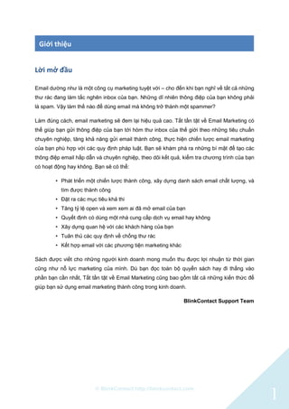 © BlinkContact http://blinkcontact.com
1
Giới thiệu
Lời mở đầu
Email dường như là một công cụ marketing tuyệt với – cho đến khi bạn nghĩ về tất cả những
thư rác đang làm tắc nghẽn inbox của bạn. Những dĩ nhiên thông điệp của bạn không phải
là spam. Vậy làm thế nào để dùng email mà không trở thành một spammer?
Làm đúng cách, email marketing sẽ đem lại hiệu quả cao. Tất tần tật về Email Marketing có
thể giúp bạn gửi thông điệp của bạn tới hòm thư inbox của thế giới theo những tiêu chuẩn
chuyên nghiệp, tăng khả năng gửi email thành công, thực hiện chiến lược email marketing
của bạn phù hợp với các quy định pháp luật. Bạn sẽ khám phá ra những bí mật để tạo các
thông điệp email hấp dẫn và chuyên nghiệp, theo dõi kết quả, kiểm tra chương trình của bạn
có hoạt động hay không. Bạn sẽ có thể:
• Phát triển một chiến lược thành công, xây dựng danh sách email chất lượng, và
tìm được thành công
• Đặt ra các mục tiêu khả thi
• Tăng tỷ lệ open và xem xem ai đã mở email của bạn
• Quyết định có dùng một nhà cung cấp dịch vụ email hay không
• Xây dựng quan hệ với các khách hàng của bạn
• Tuân thủ các quy định về chống thư rác
• Kết hợp email với các phương tiện marketing khác
Sách được viết cho những người kinh doanh mong muốn thu được lợi nhuận từ thời gian
cũng như nỗ lực marketing của mình. Dù bạn đọc toàn bộ quyển sách hay đi thẳng vào
phần bạn cần nhất, Tất tần tật về Email Marketing cũng bao gồm tất cả những kiến thức để
giúp bạn sử dụng email marketing thành công trong kinh doanh.
BlinkContact Support Team
 
