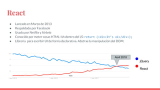 React
● Lanzado en Marzo de 2013
● Respaldado por Facebook
● Usado por Netflix y Airbnb
● Conocido por meter cosas HTML-ish dentro del JS: return (<div>It’s ok</div>);
● Librería para escribir UI de forma declarativa. Abstrae la manipulación del DOM.
jQuery
React
Abril 2018
 