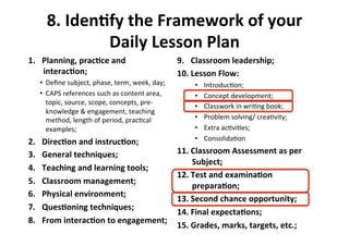 8.%Iden<fy%the%Framework%of%your%
Daily%Lesson%Plan%
1.  Planning,%prac<ce%and%
interac<on;%
•  Deﬁne&subject,&phase,&term,&week,&day;&
•  CAPS&references&such&as&content&area,&
topic,&source,&scope,&concepts,&preh
knowledge&&&engagement,&teaching&
method,&length&of&period,&pracMcal&
examples;&
2.  Direc<on%and%instruc<on;%
3.  General%techniques;%
4.  Teaching%and%learning%tools;%
5.  Classroom%management;%
6.  Physical%environment;%
7.  Ques<oning%techniques;%
8.  From%interac<on%to%engagement;%
9.  Classroom%leadership;%
10.  Lesson%Flow:%
•  IntroducMon;&
•  Concept&development;&
•  Classwork&in&wriMng&book;&
•  Problem&solving/&creaMvity;&
•  Extra&acMviMes;&
•  ConsolidaMon&
11.  Classroom%Assessment%as%per%
Subject;%
12.  Test%and%examina<on%
prepara<on;%
13.  Second%chance%opportunity;%
14.  Final%expecta<ons;%
15.  Grades,%marks,%targets,%etc.;%
 