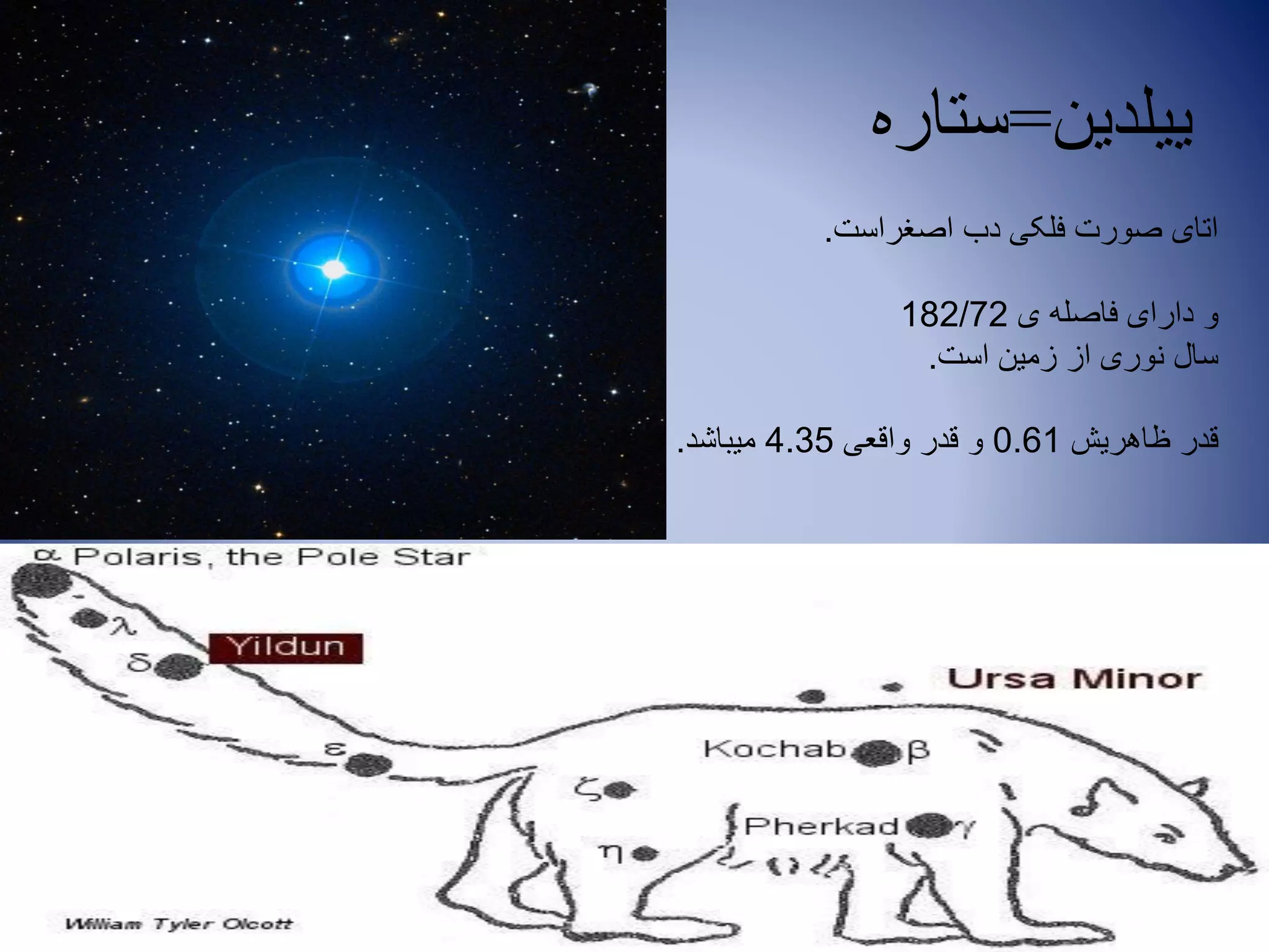 ‫ییلدین‬=‫ستاره‬
‫اصغراست‬ ‫دب‬ ‫فلکی‬ ‫صورت‬ ‫اتای‬.
‫ی‬ ‫فاصله‬ ‫دارای‬ ‫و‬182/72
‫است‬ ‫زمین‬ ‫از‬ ‫نوری‬ ‫سال‬.
‫ظاهریش‬ ‫قدر‬0.61‫واقعی‬ ‫قدر‬ ‫و‬4.35‫میباشد‬.
 