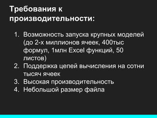 Требования к
производительности:
1. Возможность запуска крупных моделей
(до 2-х миллионов ячеек, 400тыс
формул, 1млн Excel функций, 50
листов)
2. Поддержка цепей вычисления на сотни
тысяч ячеек
3. Высокая производительность
4. Небольшой размер файла

 