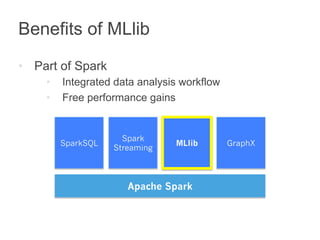 Benefits of MLlib 
• Part of Spark 
• Integrated data analysis workflow 
• Free performance gains 
Apache Spark 
SparkSQL 
Spark 
Streaming MLlib GraphX 
 