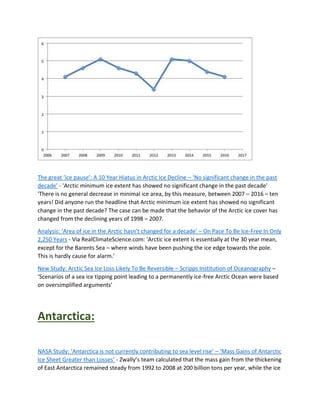 The great ‘ice pause’: A 10 Year Hiatus in Arctic Ice Decline – ‘No significant change in the past
decade’ - 'Arctic minimum ice extent has showed no significant change in the past decade'
'There is no general decrease in minimal ice area, by this measure, between 2007 – 2016 – ten
years! Did anyone run the headline that Arctic minimum ice extent has showed no significant
change in the past decade? The case can be made that the behavior of the Arctic ice cover has
changed from the declining years of 1998 – 2007.
Analysis: ‘Area of ice in the Arctic hasn’t changed for a decade’ – On Pace To Be Ice-Free In Only
2,250 Years - Via RealClimateScience.com: 'Arctic ice extent is essentially at the 30 year mean,
except for the Barents Sea – where winds have been pushing the ice edge towards the pole.
This is hardly cause for alarm.'
New Study: Arctic Sea Ice Loss Likely To Be Reversible – Scripps Institution of Oceanography –
‘Scenarios of a sea ice tipping point leading to a permanently ice-free Arctic Ocean were based
on oversimplified arguments’
Antarctica:
NASA Study: ‘Antarctica is not currently contributing to sea level rise’ – ‘Mass Gains of Antarctic
Ice Sheet Greater than Losses’ - Zwally’s team calculated that the mass gain from the thickening
of East Antarctica remained steady from 1992 to 2008 at 200 billion tons per year, while the ice
 