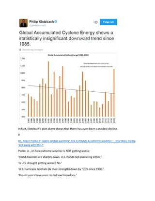 In fact, Klotzbach’s plot above shows that there has even been a modest decline.
#
Dr. Roger Pielke Jr. slams ‘global warming’ link to floods & extreme weather – How does media
‘get away with this?’
Pielke, Jr., on how extreme weather is NOT getting worse:
‘Flood disasters are sharply down. U.S. floods not increasing either.’
‘Is U.S. drought getting worse? No.’
‘U.S. hurricane landfalls (& their strength) down by ~20% since 1900.’
‘Recent years have seen record low tornadoes.’
 