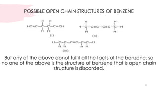 POSSIBLE OPEN CHAIN STRUCTURES OF BENZENE
But any of the above donot fulfill all the facts of the benzene, so
no one of the above is the structure of benzene that is open chain
structure is discarded.
11
 