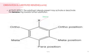 ORIENTATION IN SUBSTITUTED BENZENE(contd)
• ACTIVITY EFFECT. The substituent already present may activate or deactivate
the benzene ring towards further substitution.
Director
vgvg 30
 