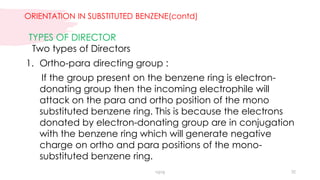 ORIENTATION IN SUBSTITUTED BENZENE(contd)
TYPES OF DIRECTOR
Two types of Directors
1. Ortho-para directing group :
If the group present on the benzene ring is electron-
donating group then the incoming electrophile will
attack on the para and ortho position of the mono
substituted benzene ring. This is because the electrons
donated by electron-donating group are in conjugation
with the benzene ring which will generate negative
charge on ortho and para positions of the mono-
substituted benzene ring.
vgvg 32
 
