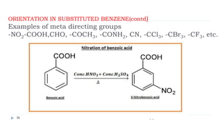 ORIENTATION IN SUBSTITUTED BENZENE(contd)
Examples of meta directing groups
-NO2-COOH,CHO, -COCH3, -CONH2, CN, -CCl3, -CBr3, -CF3, etc.
vgvg
36
 