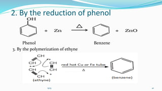2. By the reduction of phenol
Phenol Benzene
3. By the polymerization of ethyne
vgvg 40
 