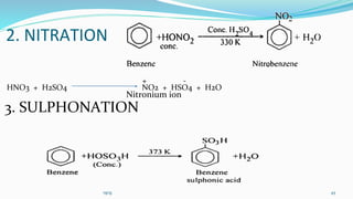 2. NITRATION
+ -
HNO3 + H2SO4 NO2 + HSO4 + H2O
Nitronium ion
3. SULPHONATION
vgvg 45
 