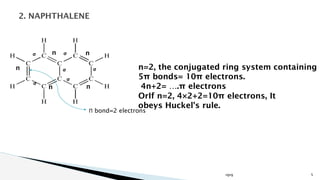 vgvg 5
2. NAPHTHALENE
Π bond=2 electrons
n=2, the conjugated ring system containing
5π bonds= 10π electrons.
4n+2= ….π electrons
OrIf n=2, 4×2+2=10π electrons, It
obeys Huckel's rule.
Π
Π
Π
Π
Π
σ
σ
σ σ
σ
σ
 