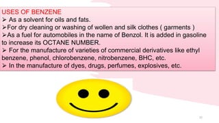 55
USES OF BENZENE
⮚ As a solvent for oils and fats.
⮚For dry cleaning or washing of wollen and silk clothes ( garments )
⮚As a fuel for automobiles in the name of Benzol. It is added in gasoline
to increase its OCTANE NUMBER.
⮚ For the manufacture of varieties of commercial derivatives like ethyl
benzene, phenol, chlorobenzene, nitrobenzene, BHC, etc.
⮚ In the manufacture of dyes, drugs, perfumes, explosives, etc.
 