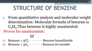 STRUCTURE OF BENZENE
1. From quantitative analysis and molecular weight
determination: Molecular formula of benzene is
C6H6.Thus benzene is highly unsaturated.
Proves for unsaturation:
hf
a) Benzene + 3Cl2 Benzene hexachloride
b) Benzene + 3O3 Benzene tri-ozonide
9
 