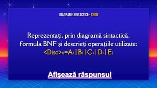 Reprezentați, prin diagramă sintactică,
formula BNF și descrieți operațiile utilizate:
<Disc>::=A: | B: | C: | D: | E:
Diagrame sintactice · $600
 