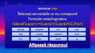 Selectați secvențele ce nu corespund
formulei metalingvistice
<Identificator>::=<Literă>{<Literă>|<Cifră>}
Identificatori · $1000
Carte18
2x2y
X+y
Carte18+
count()
elev
sir1
casa31/1
blocA
a1b1
a1,b1
pi
 