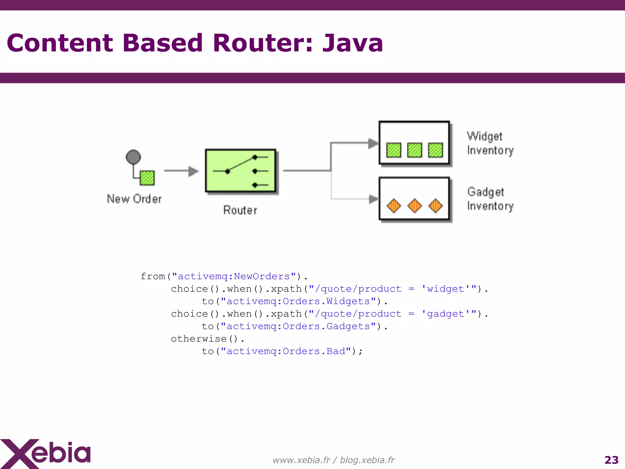 Content Based Router: Java www.xebia.fr / blog.xebia.fr from( "activemq:NewOrders" ). choice().when().xpath( "/quote/product = 'widget'" ). to( "activemq:Orders.Widgets" ). choice().when().xpath( "/quote/product = 'gadget'" ). to( "activemq:Orders.Gadgets" ). otherwise(). to( "activemq:Orders.Bad" ); 