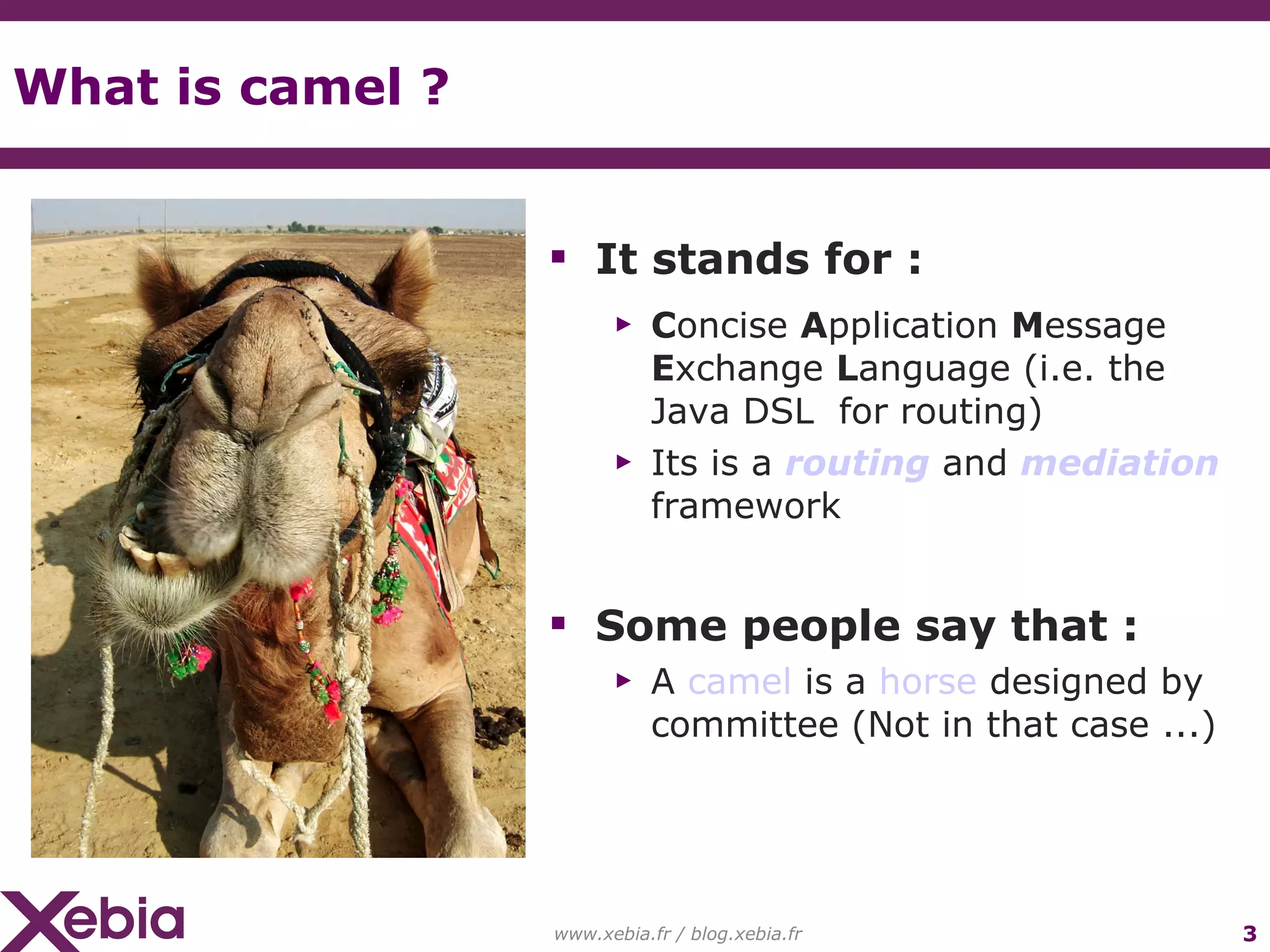What is camel ? www.xebia.fr / blog.xebia.fr It stands for : C oncise A pplication M essage E xchange L anguage (i.e. the Java DSL for routing) Its is a routing and mediation framework Some people say that : A camel is a horse designed by committee (Not in that case ...) 