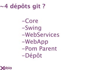 ~4 dépôts git ?

       -Core
       -Swing
       -WebServices
       -WebApp
       -Pom Parent
       -Dépôt
 