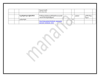 მაგალითებს
X.5, X.2, X.4
საკონტროლო წერა№10 მოსწავლეშეძლლებსშეძენილიცოდნ
ისხარისხისშემოწმებას.
1 ტესტი განმსაზღვ
რელი
გამეორება 10
http://eqe.ge/geo/textbook_approval/a
pproved_textbooks_2012
 