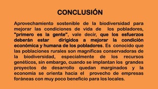 Aprovechamiento sostenible de la biodiversidad para
mejorar las condiciones de vida de los pobladores,
"primero es la gente", vale decir, que los esfuerzos
deberán estar dirigidos a mejorar la condición
económica y humana de los pobladores. Es conocido que
las poblaciones rurales son magníficas conservadoras de
la biodiversidad, especialmente de los recursos
genéticos, sin embargo, cuando se implantan los grandes
proyectos de desarrollo quedan marginados y la
economía se orienta hacia el provecho de empresas
foráneas con muy poco beneficio para los locales.
CONCLUSIÓN
 