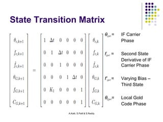 State Transition Matrix 
A.Katti, S.Patil & S.Reddy 
θc,k+1 = IF Carrier 
Phase 
fc,k+1 = Second State 
Derivative of IF 
Carrier Phase 
f’c,k+1 = Varying Bias – 
Third State 
θG,k+1= Local Gold 
Code Phase 
 