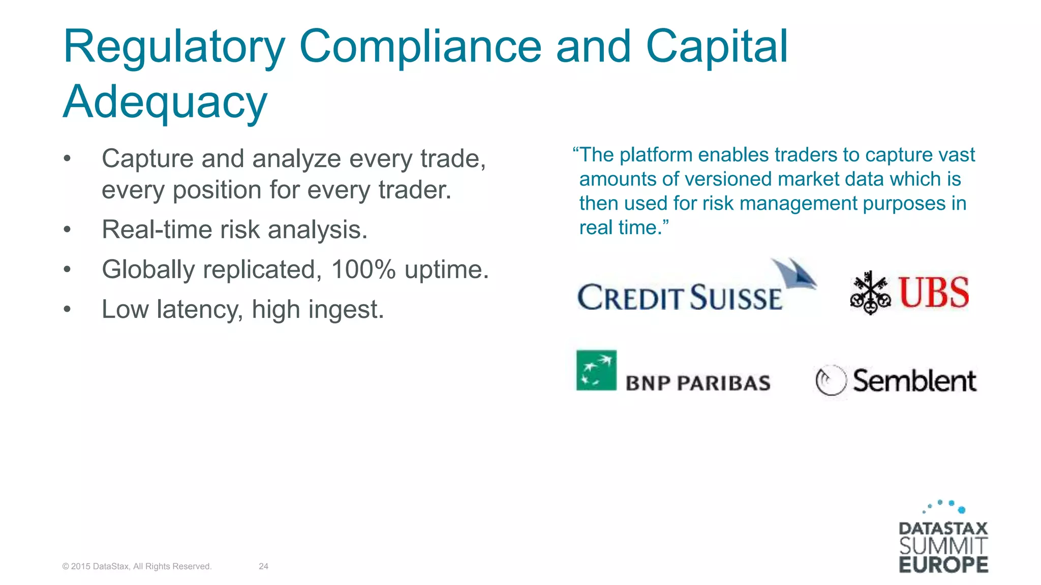 Regulatory Compliance and Capital
Adequacy
“The platform enables traders to capture vast
amounts of versioned market data which is
then used for risk management purposes in
real time.”
© 2015 DataStax, All Rights Reserved. 24
• Capture and analyze every trade,
every position for every trader.
• Real-time risk analysis.
• Globally replicated, 100% uptime.
• Low latency, high ingest.
 