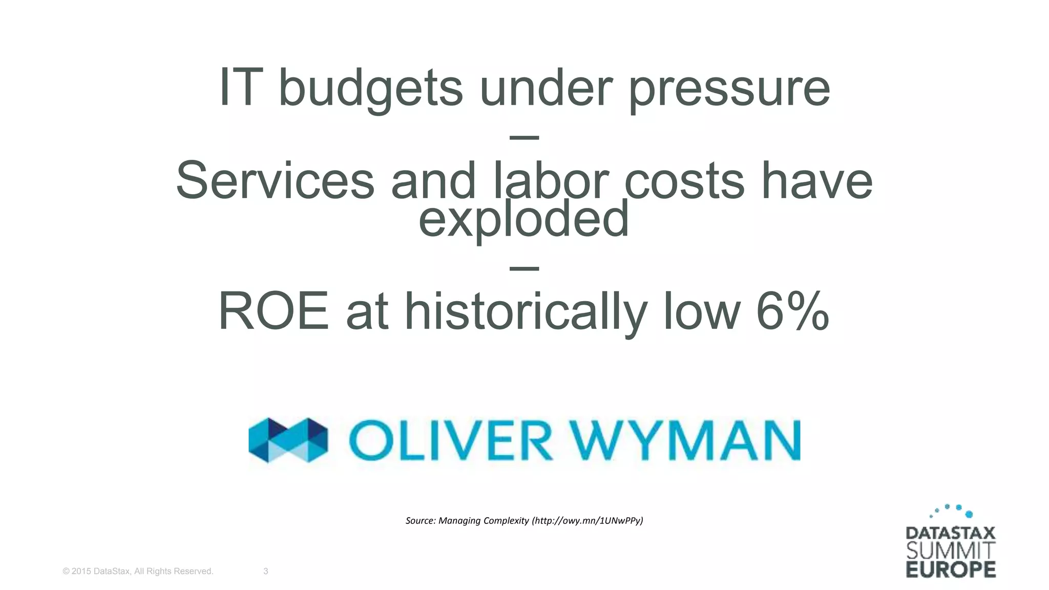 IT budgets under pressure
–
Services and labor costs have
exploded
–
ROE at historically low 6%
Source: Managing Complexity (http://owy.mn/1UNwPPy)
© 2015 DataStax, All Rights Reserved. 3
 