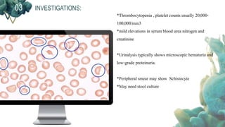 INVESTIGATIONS:03
*Thrombocytopenia , platelet counts usually 20,000-
100,000/mm3
*mild elevations in serum blood urea nitrogen and
creatinine
*Urinalysis typically shows microscopic hematuria and
low-grade proteinuria.
*Peripheral smear may show Schistocyte
*May need stool culture
 